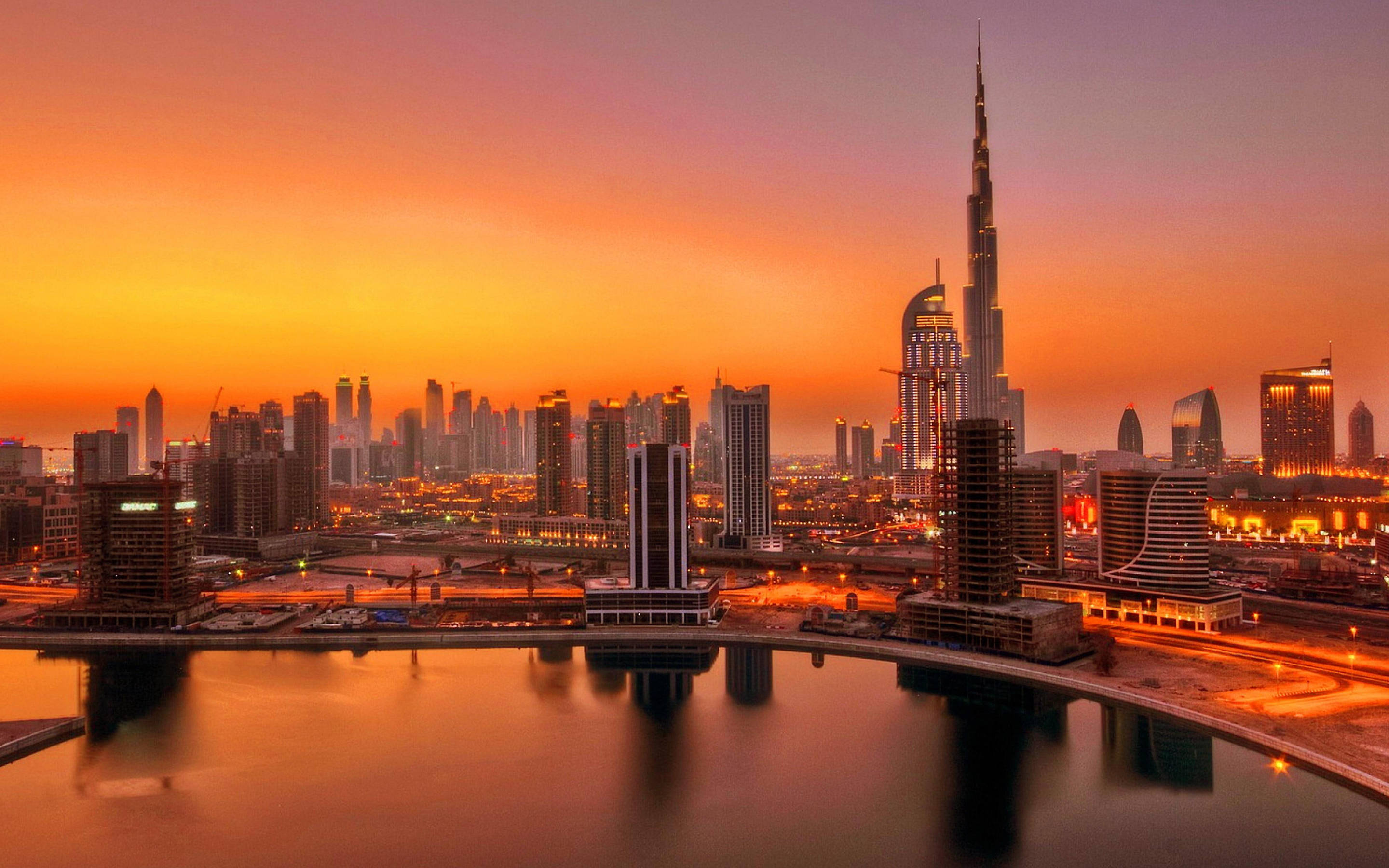 Dubai cityscape at golden hour with the Burj Khalifa